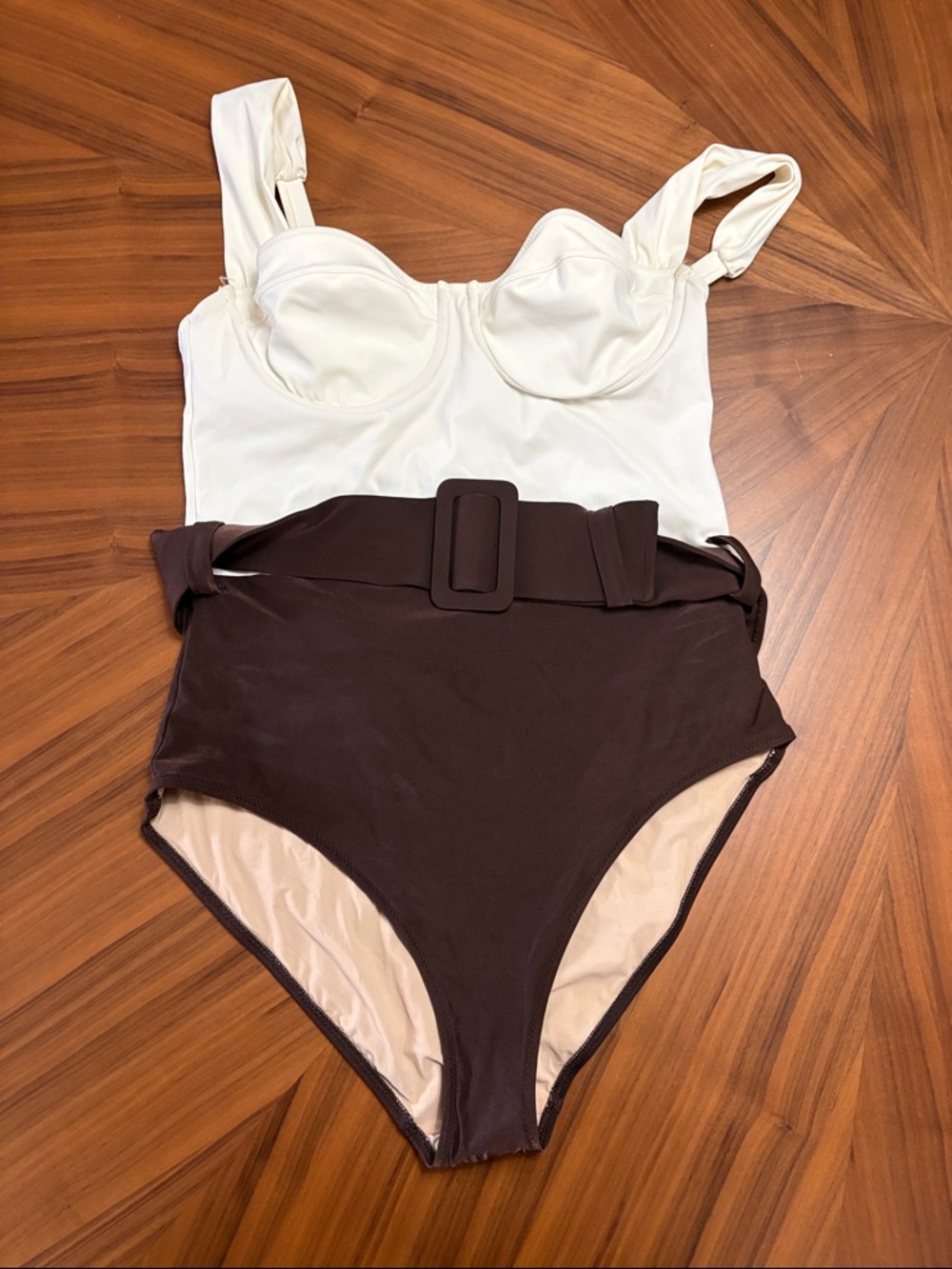 Women’s Two-Tone White and Brown Belted One-Piece Swimsuit